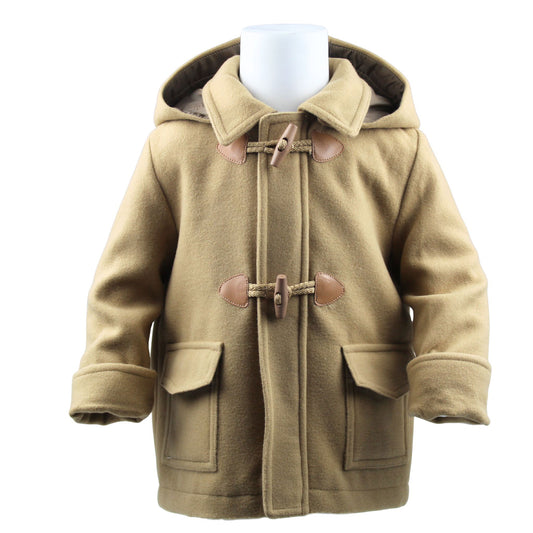 Beige baby hooded coat with brown buttons on a white background