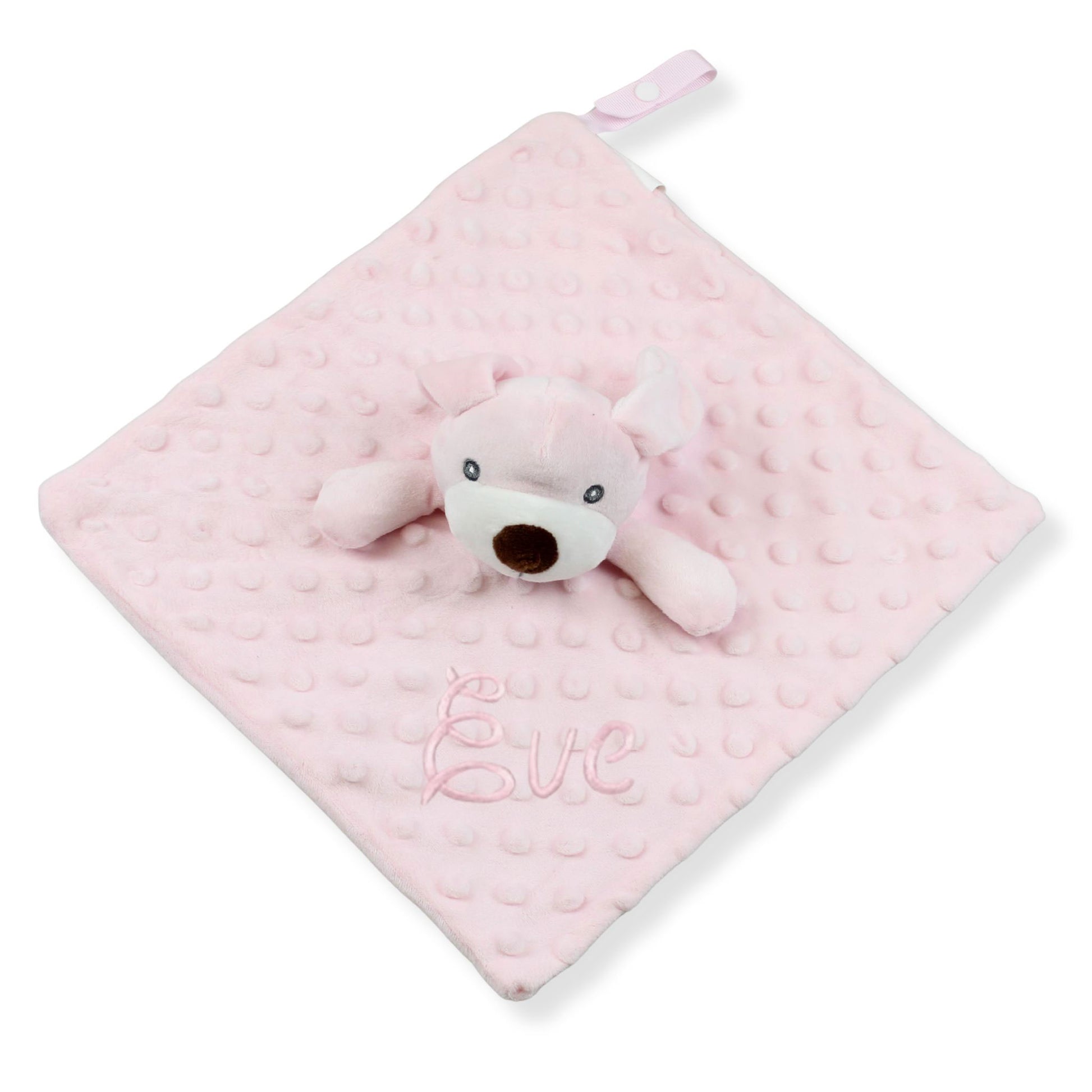 pink baby girls personalised teddy comforter on a white background