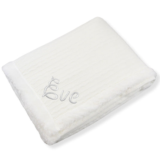white knitted personalised blanketon a white background