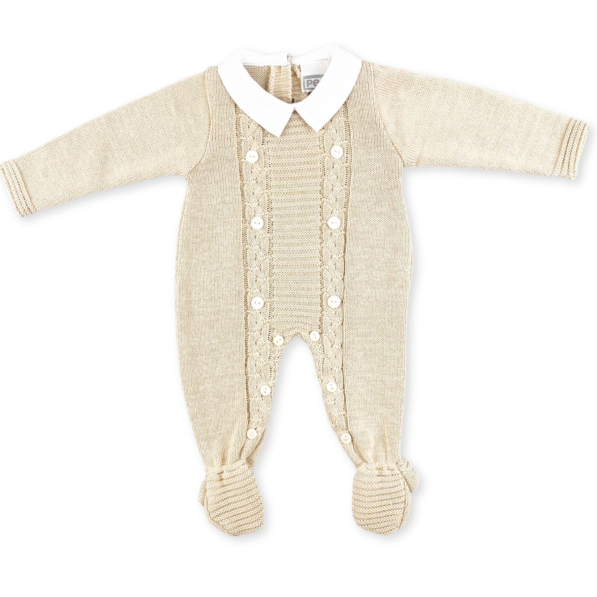 baby boys knitted all in one onesie by pex in colour beige
