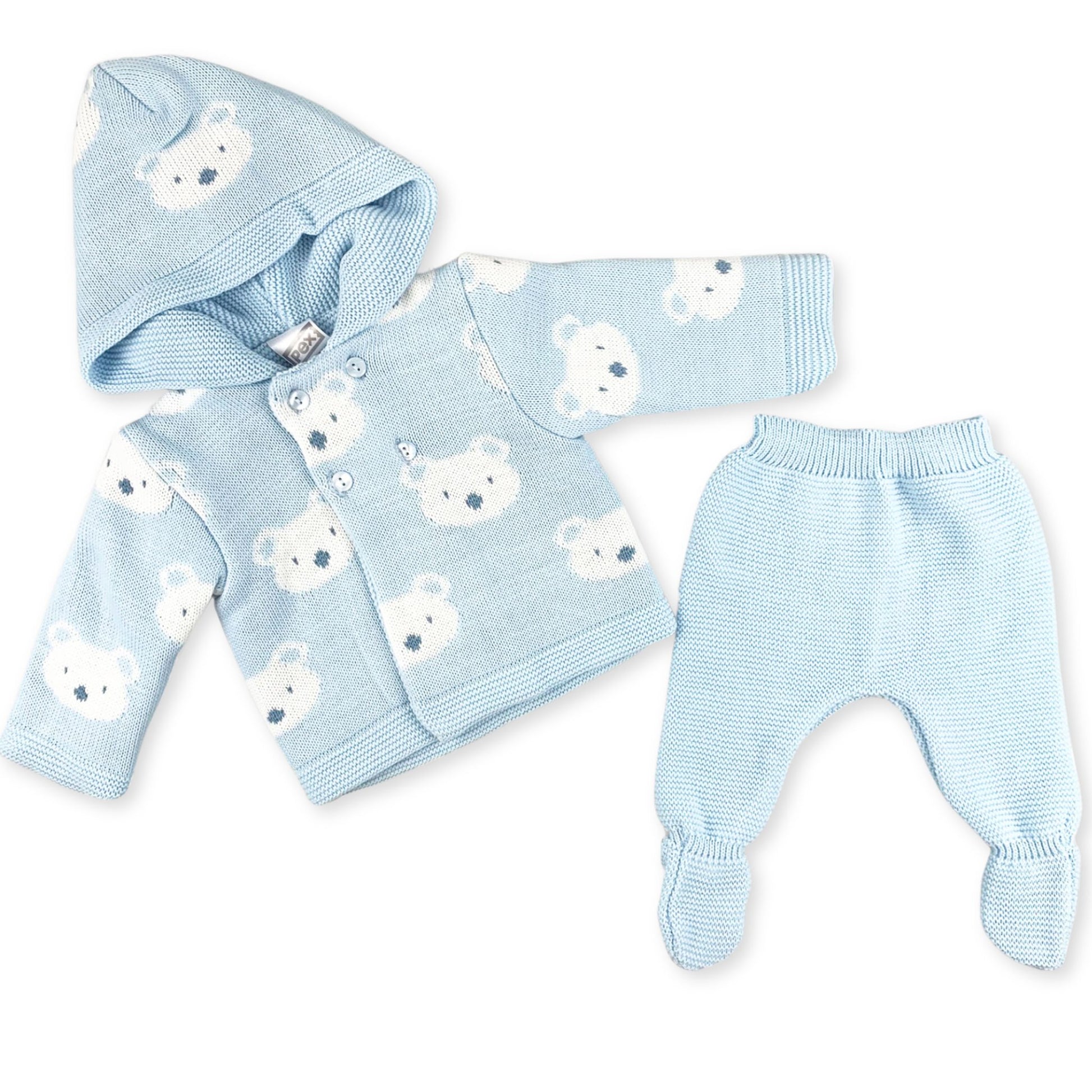 baby boys blue knitted two piece outfit with bears by pex