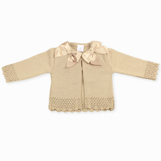 knitted baby girls beige cardigan with satin bows