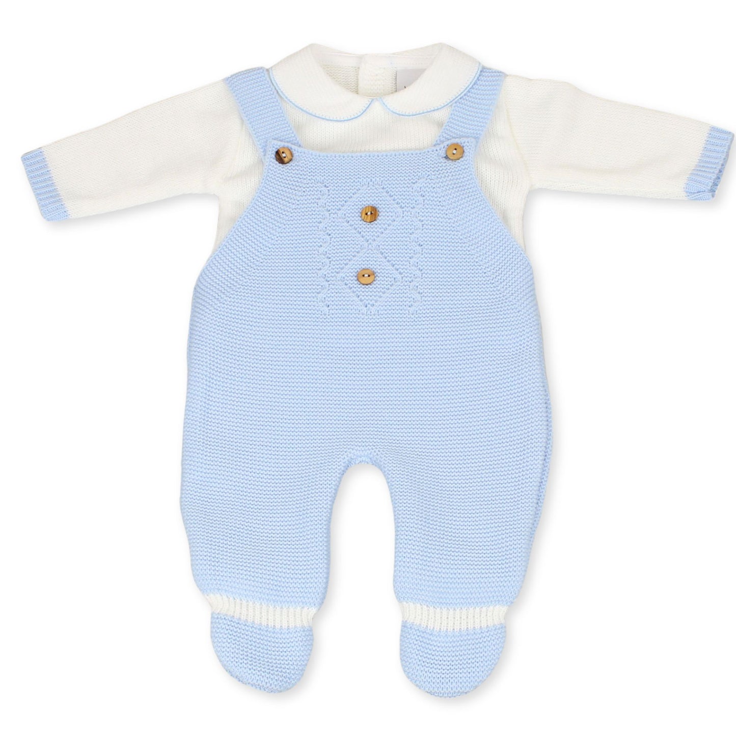 baby boys blue dungarees with shirt knitted