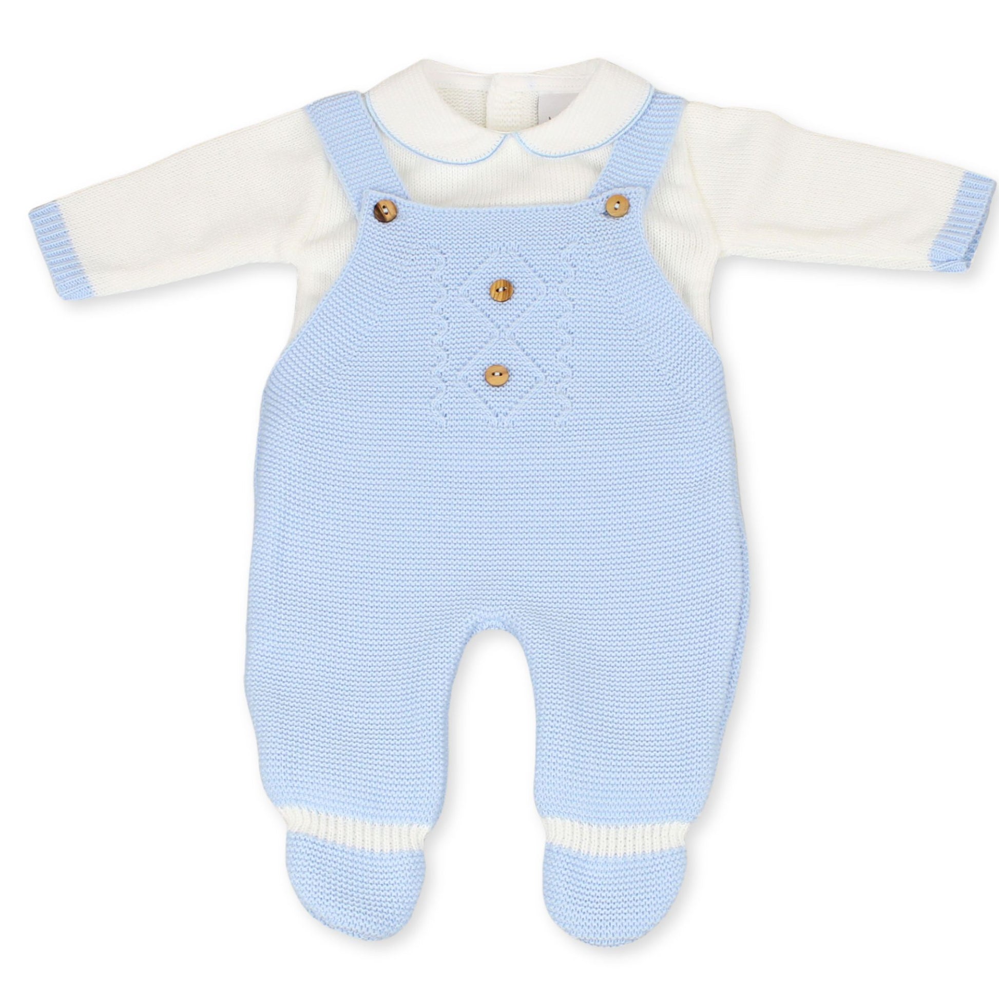 baby boys blue dungarees with shirt knitted