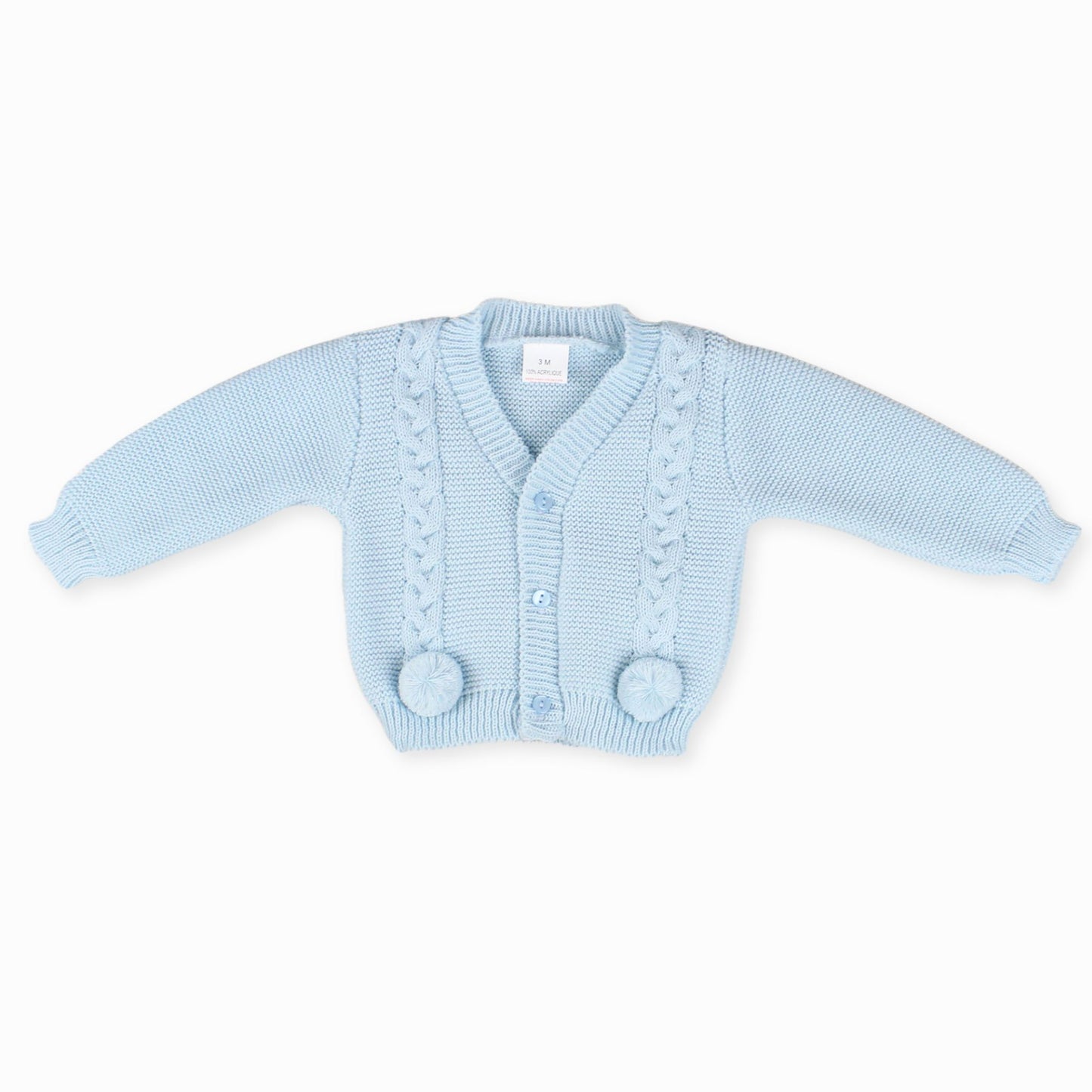 baby boys blue knitted pom pom cardigan