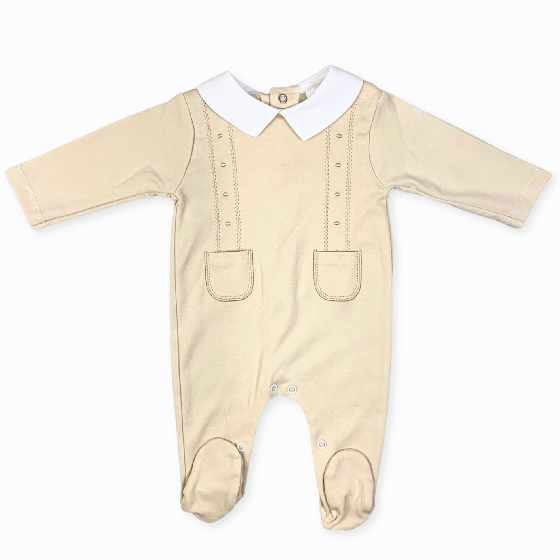 baby boy beige cotton sleepsuit all in one