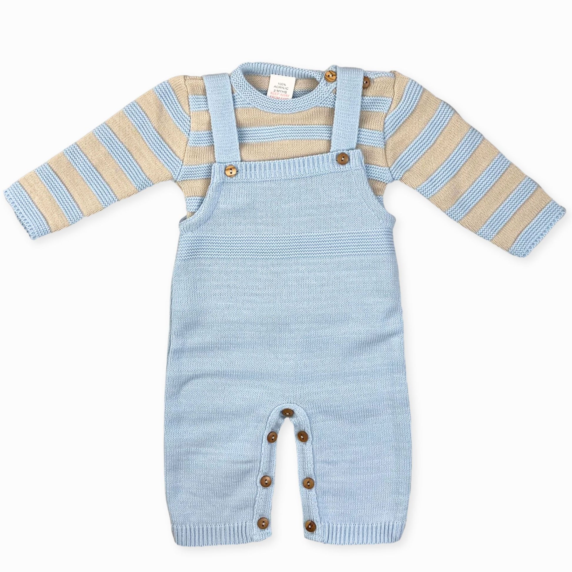 baby boys knitted dungaress set blue and beige