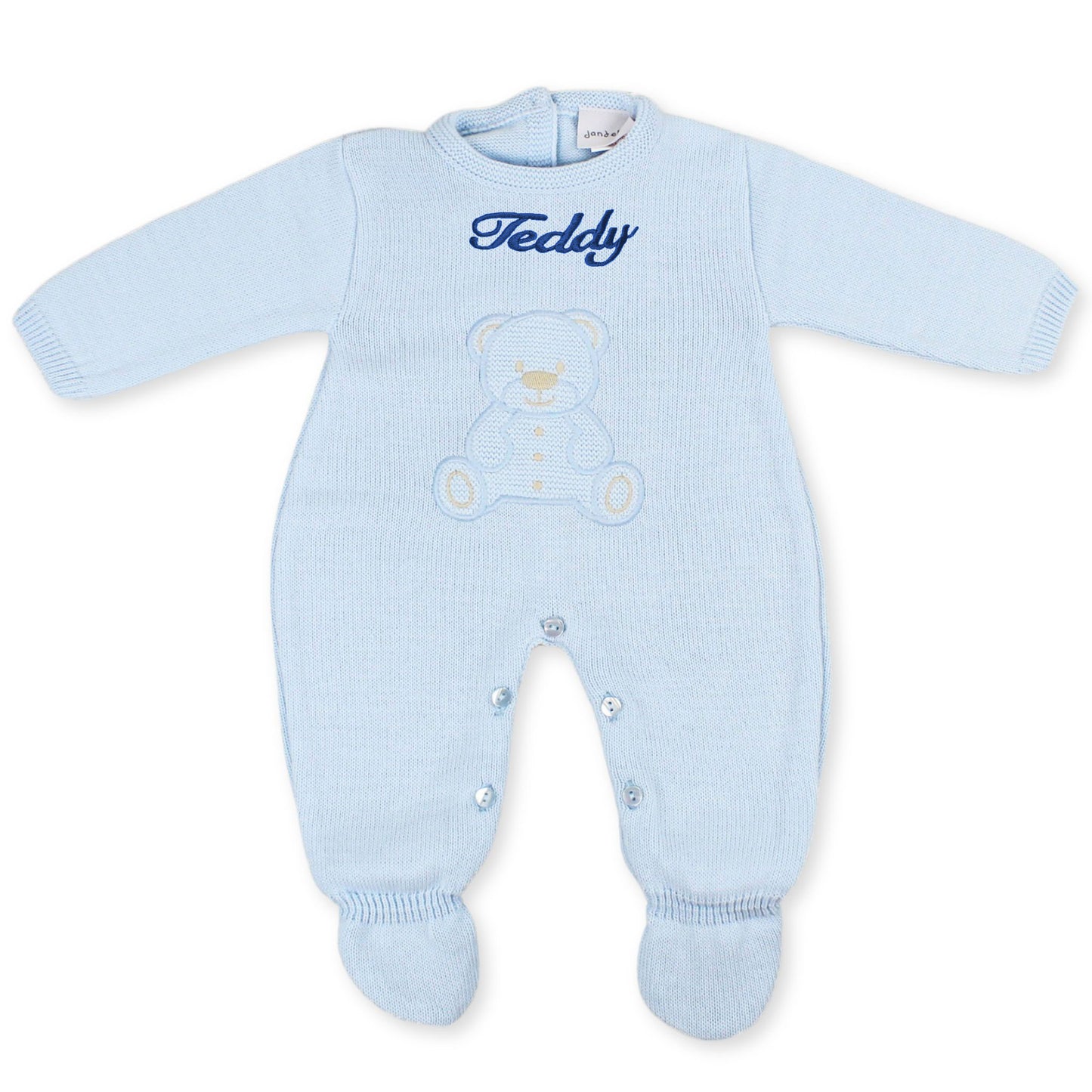 baby boys blue knitted personalised all in one dandelion
