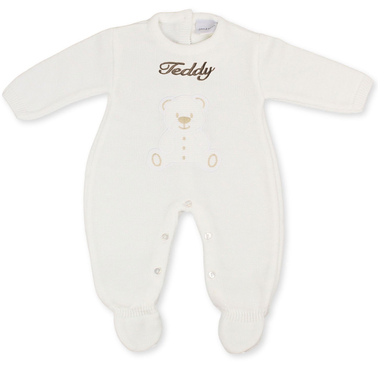 personalised baby unisex teddy bear dandelion knitted sleepsuit