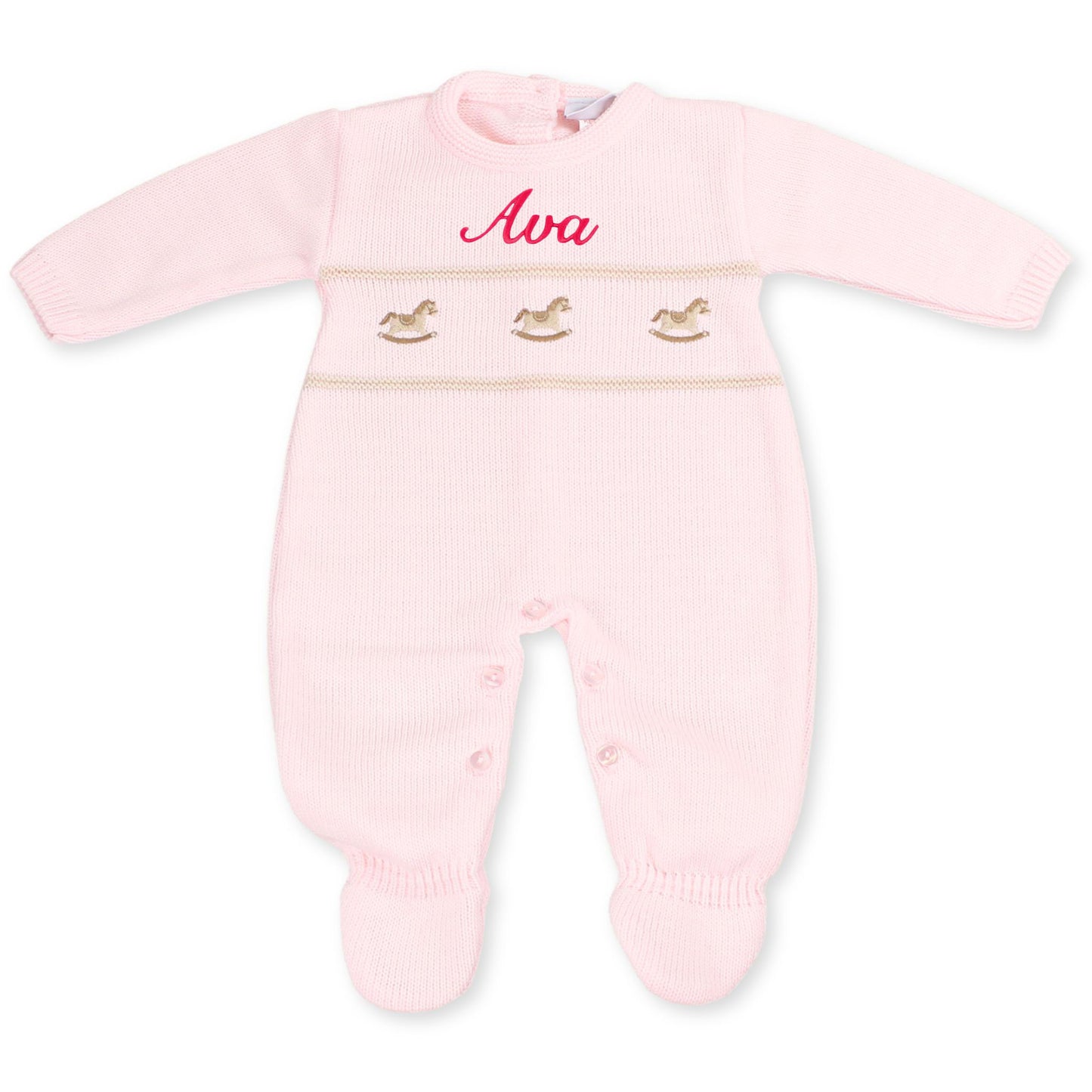baby girls rocking horse knitted all in one personalised outfit pink