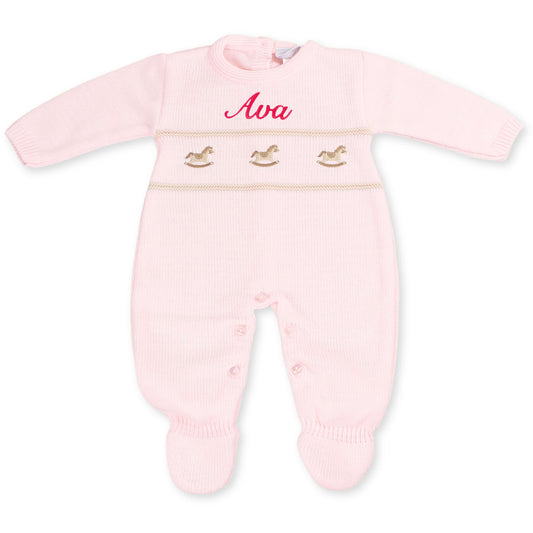 baby girls rocking horse knitted all in one personalised outfit  pink