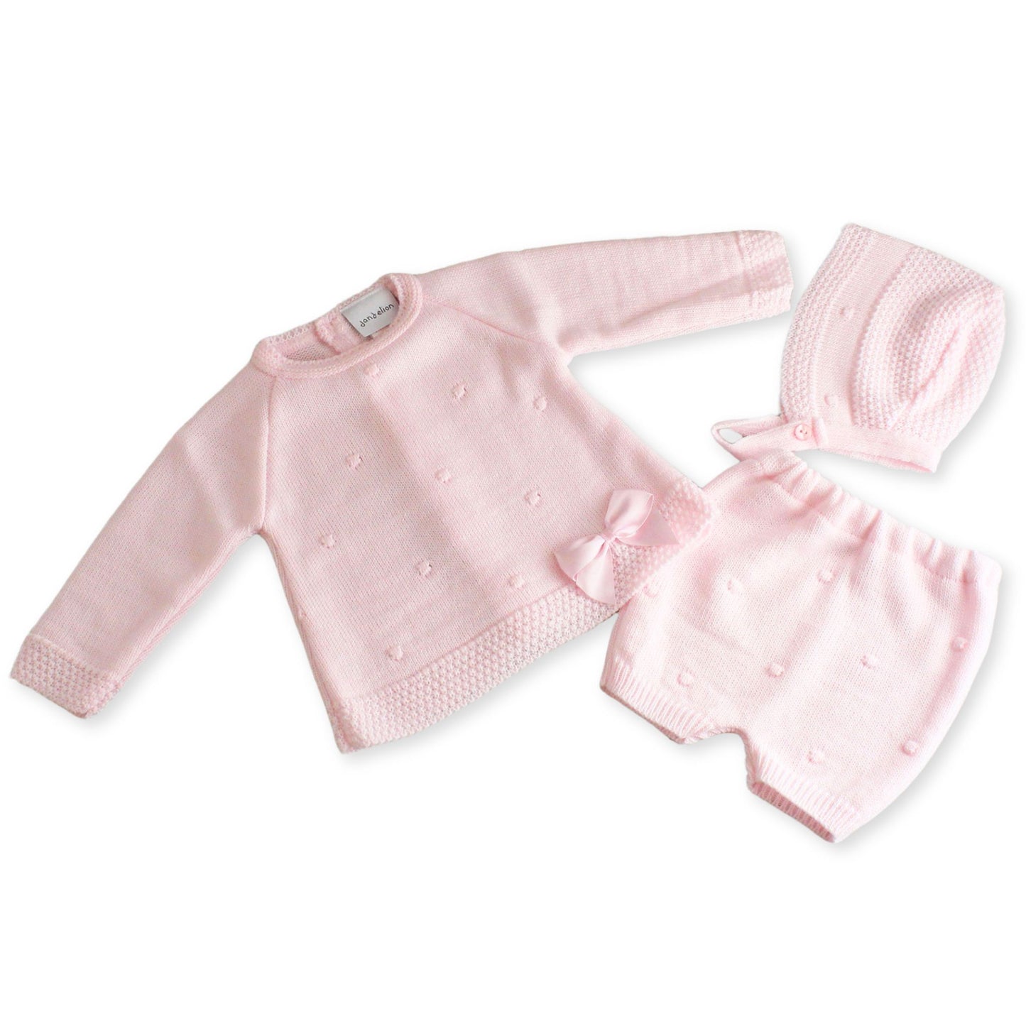 baby girls three piece knitted pink outfit with bonnet