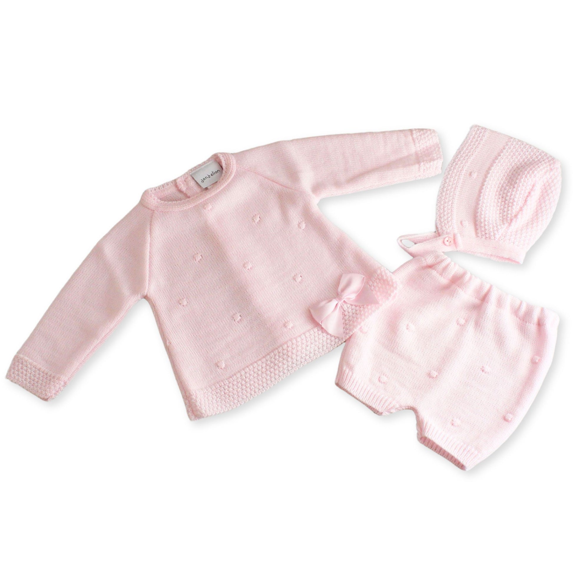 baby girls three piece knitted pink outfit with bonnet