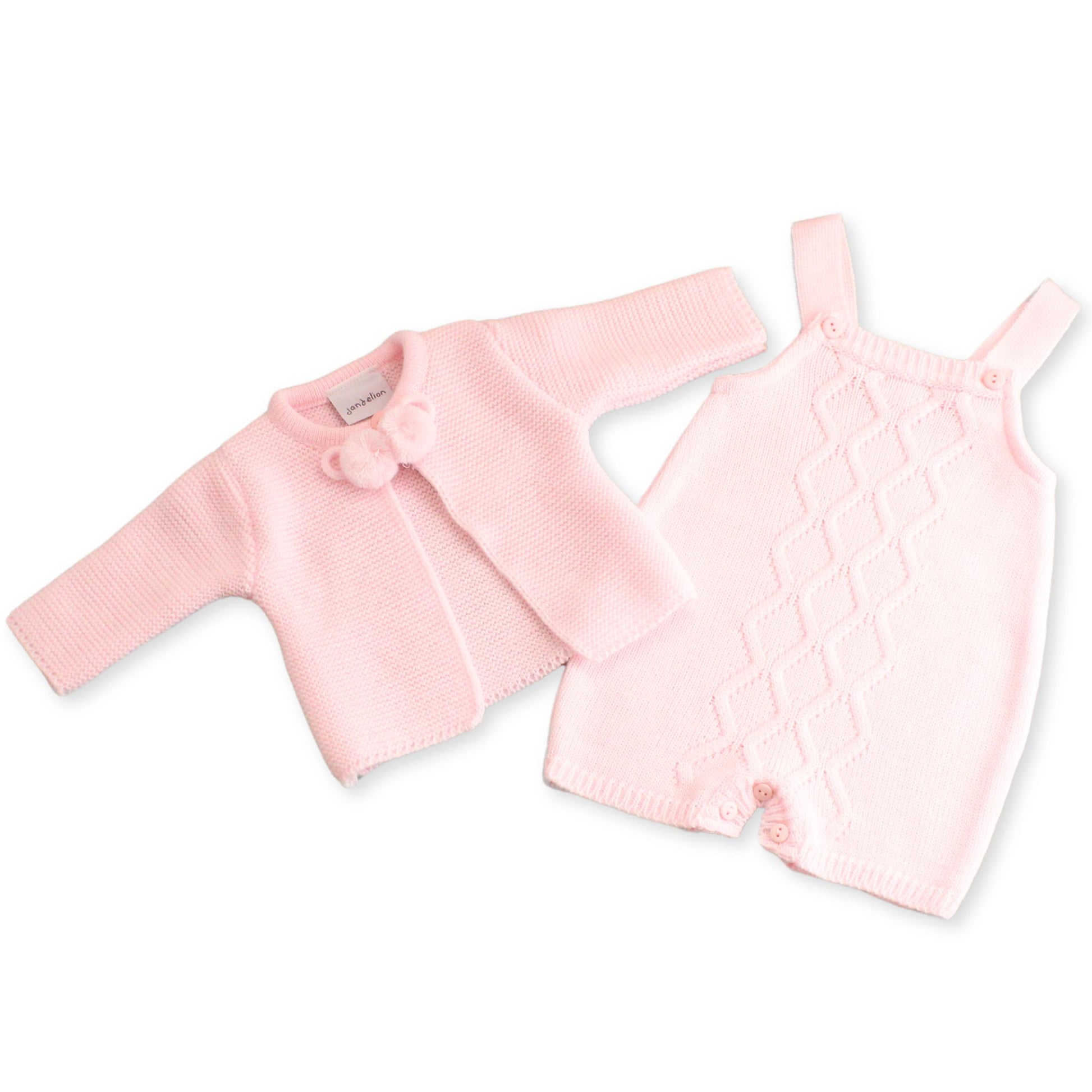 pink dungarees and cardigan baby girl