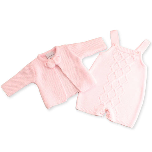 pink dungarees and cardigan baby girl