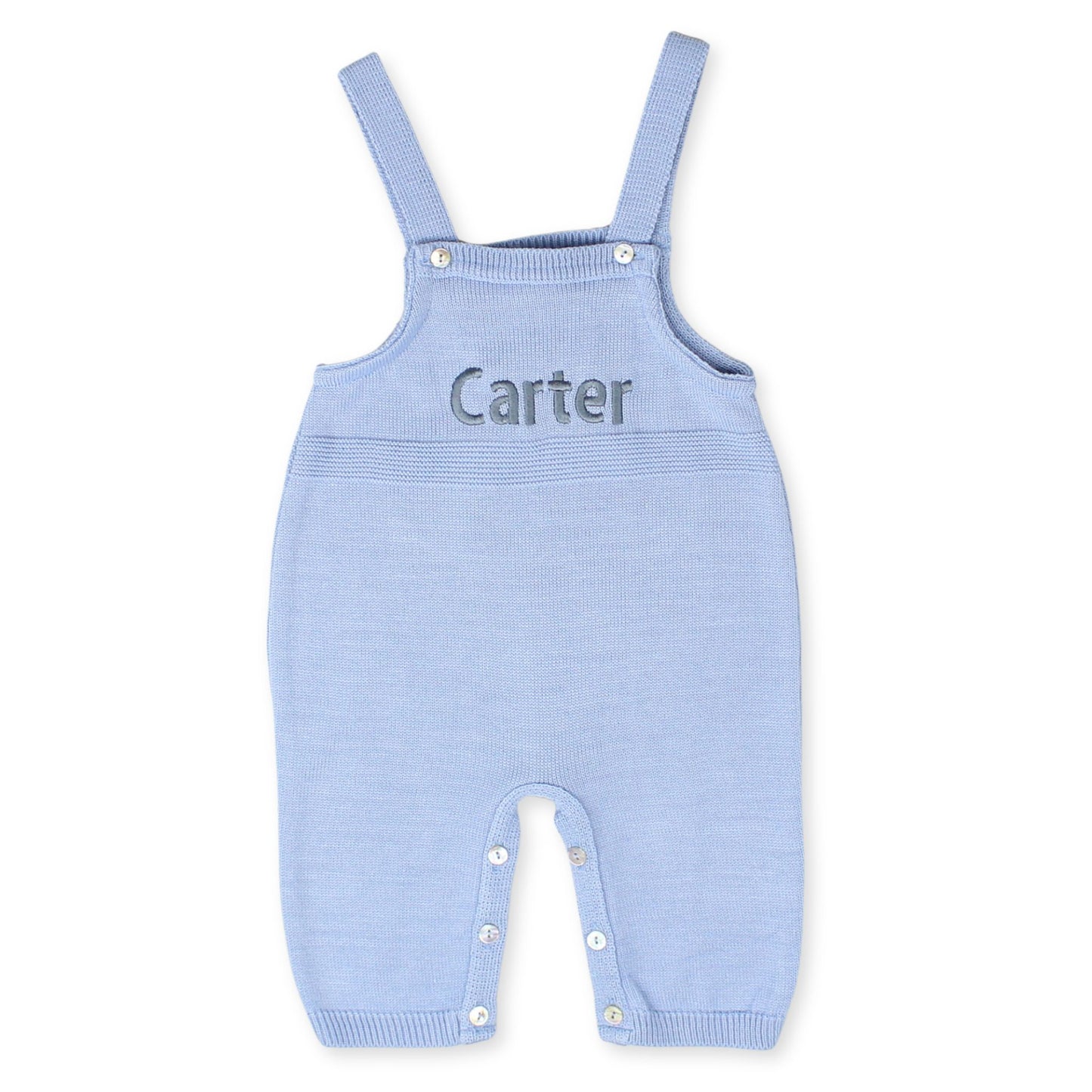blue knitted personalised dungarees