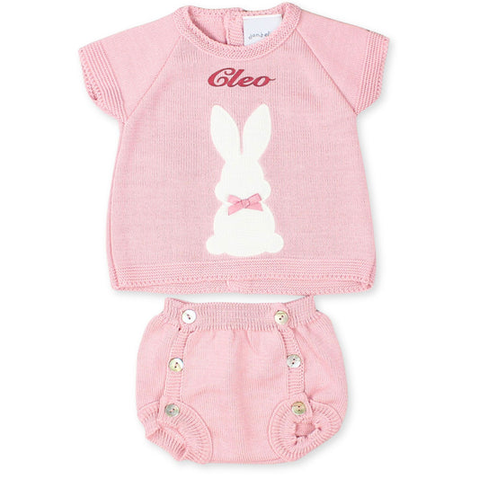 dusky pink personalised knitted bunny dandelion outfit