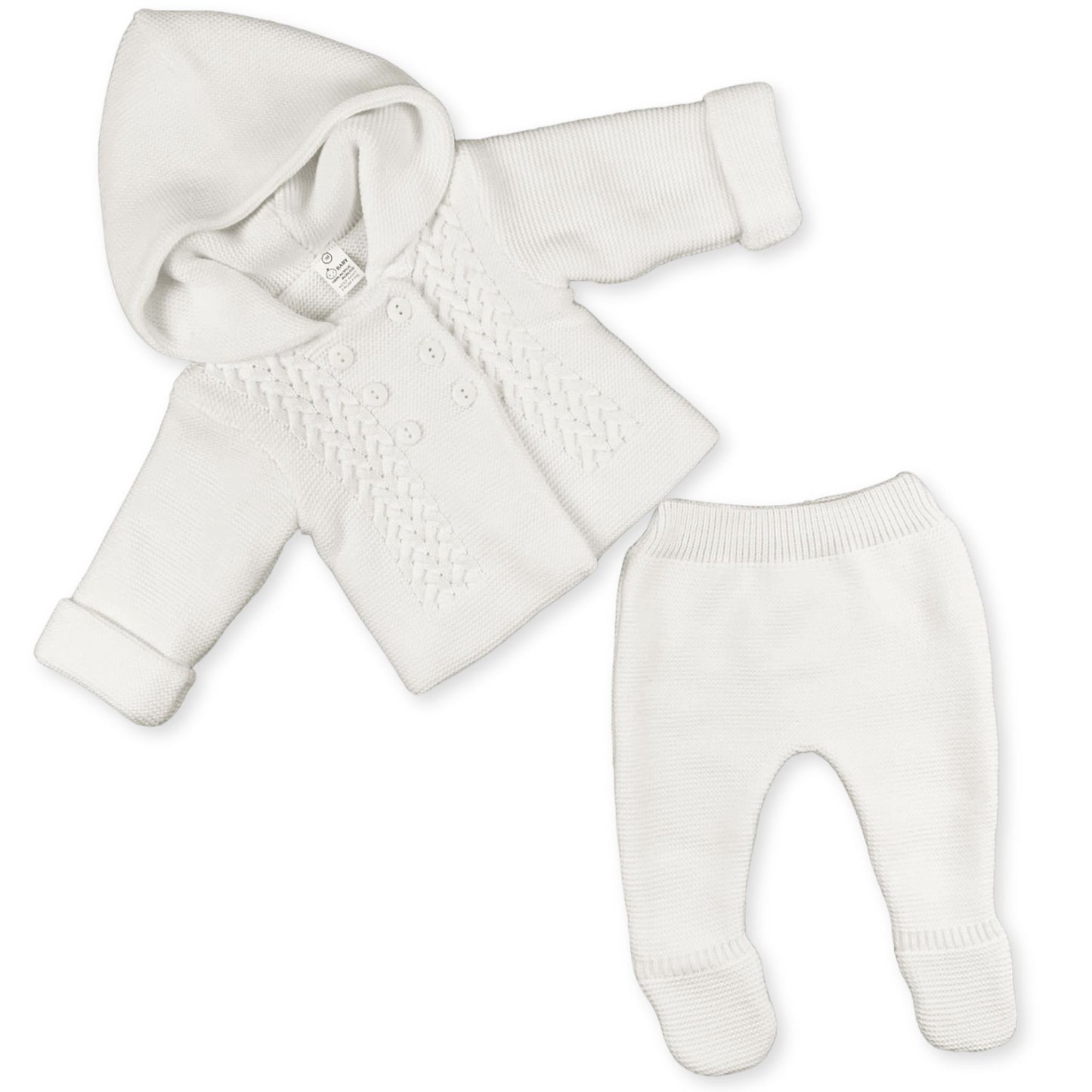 baby unisex white hooded outfit with trousers knitted set