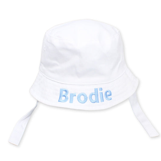 baby boys white personalised bucket su hat