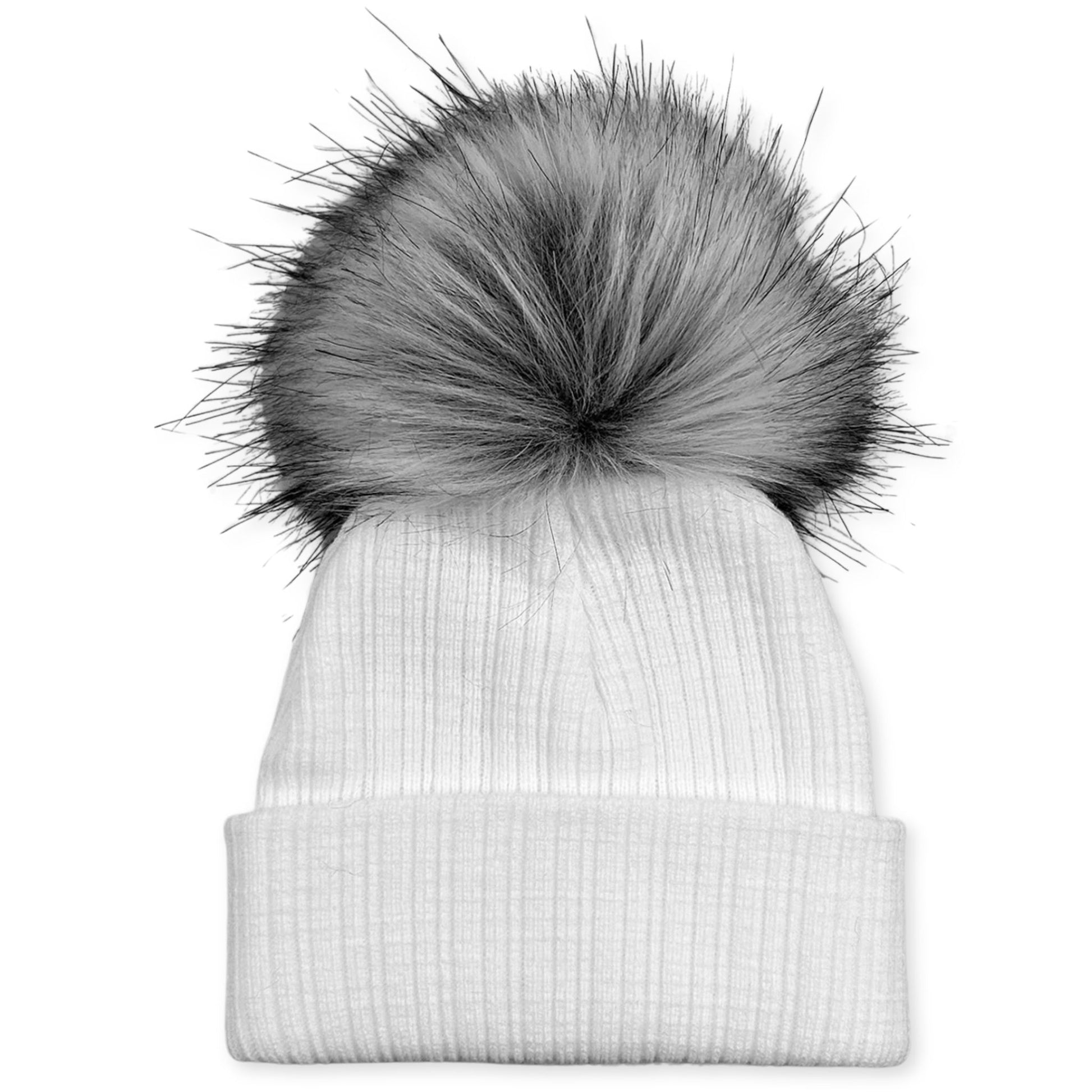 baby unisex white knitted fur pom hat with grey faux fur bobble