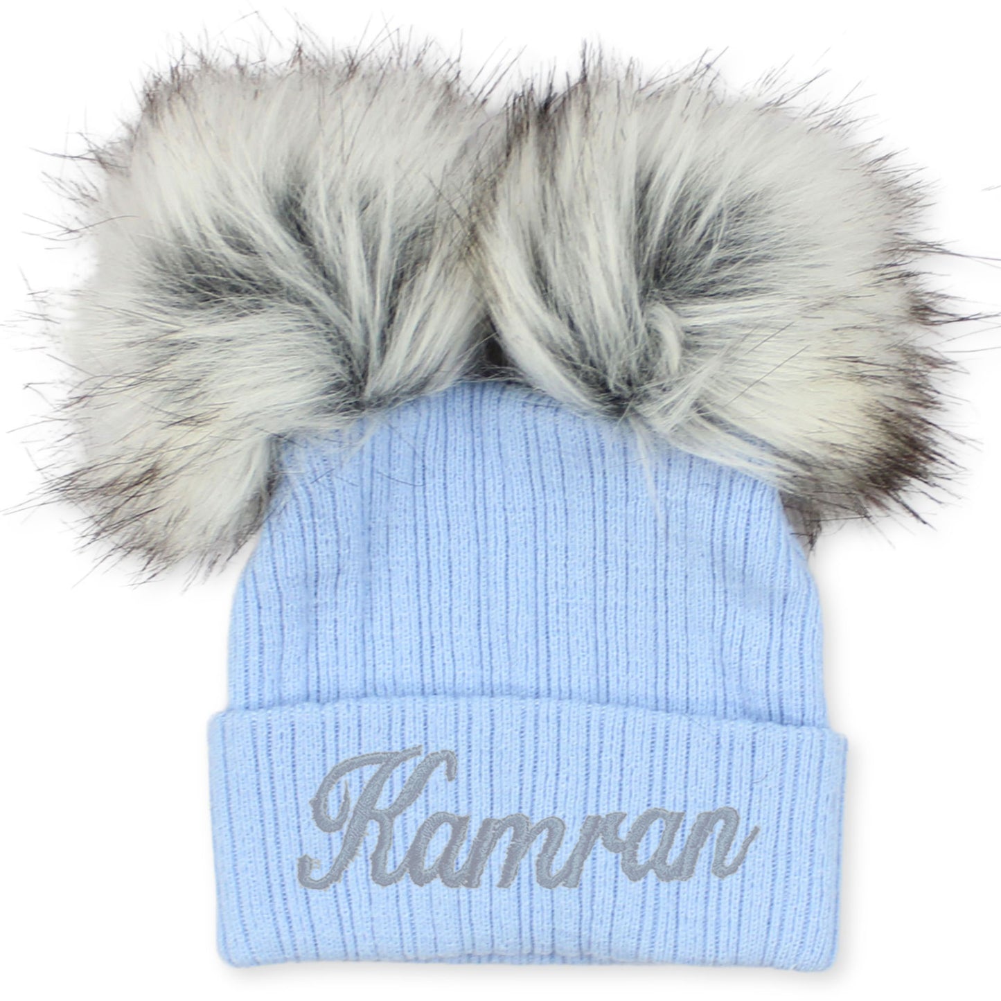 personalised baby hat blue 2 poms