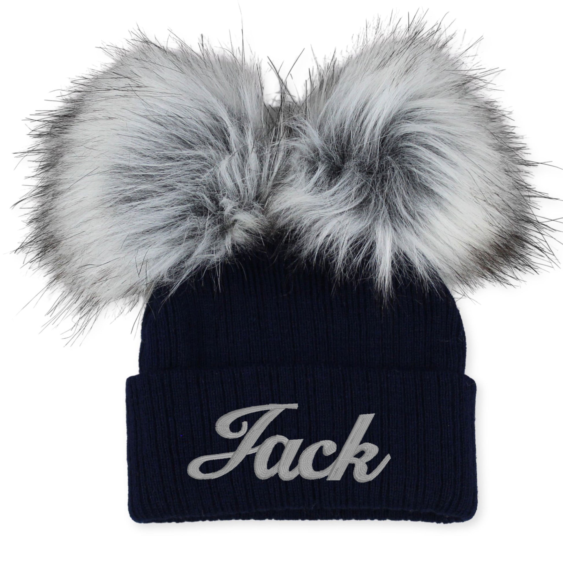 personalised baby hay navy with two pom poms