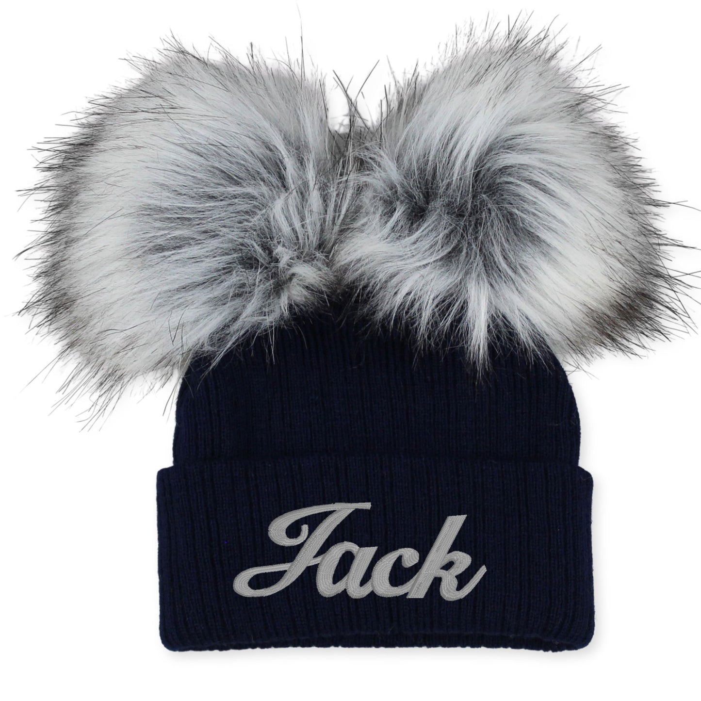 personalised baby hay navy with two pom poms