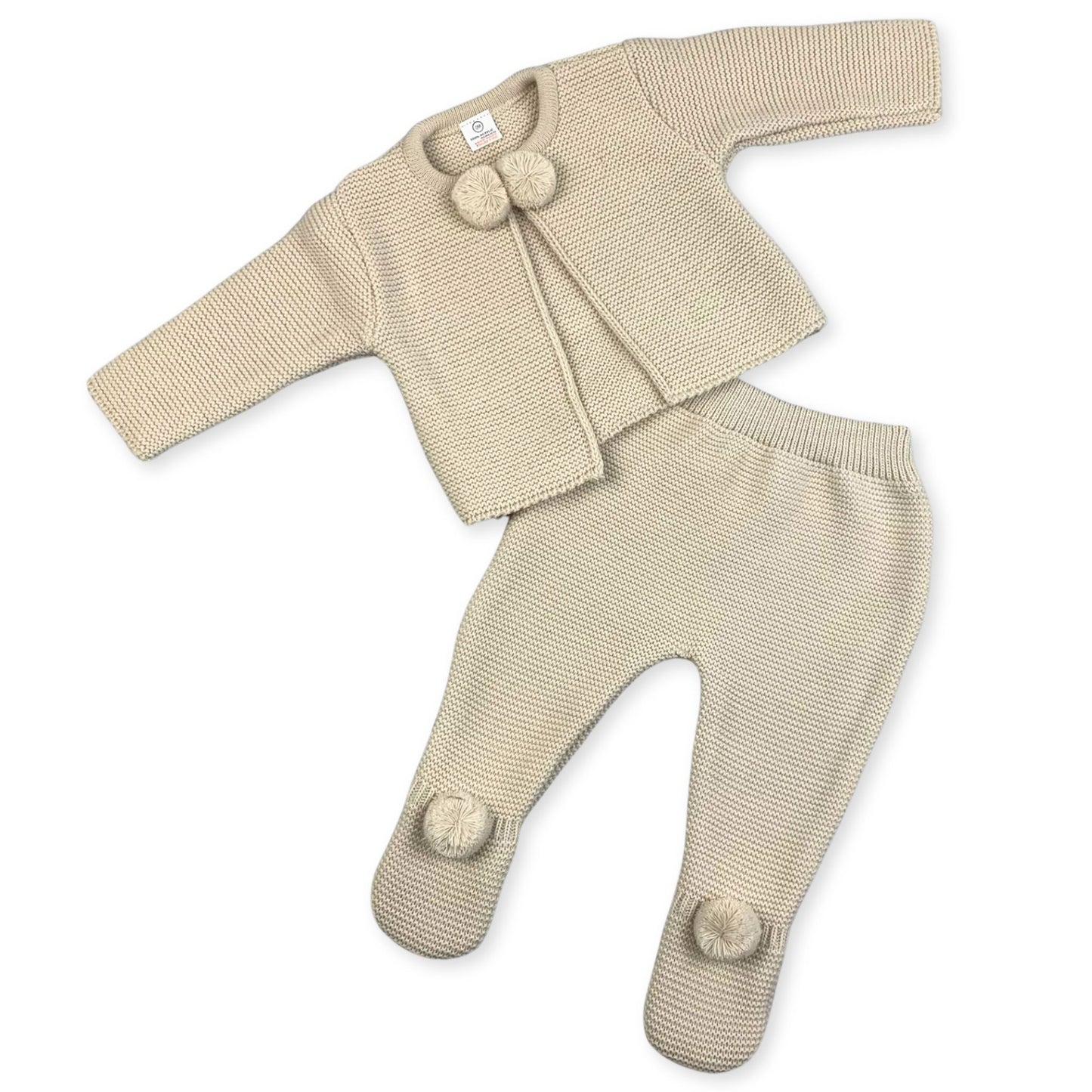 baby unisex beige knitted two piece pram suit