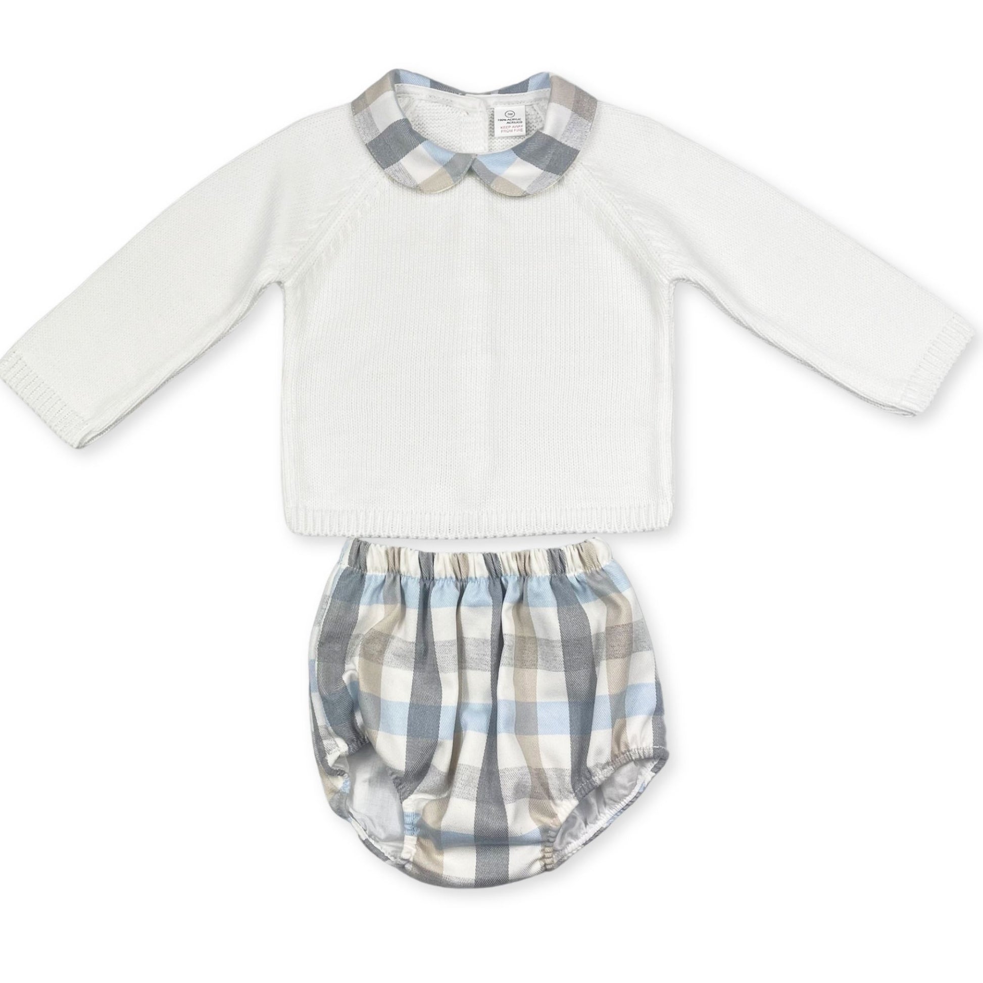baby boys knitted outfit with checked jam pants and matching collar