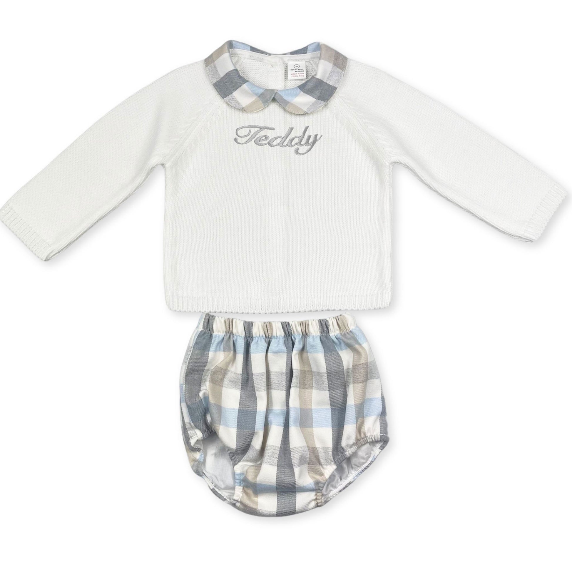 personalised baby boys white and beige checked outfit