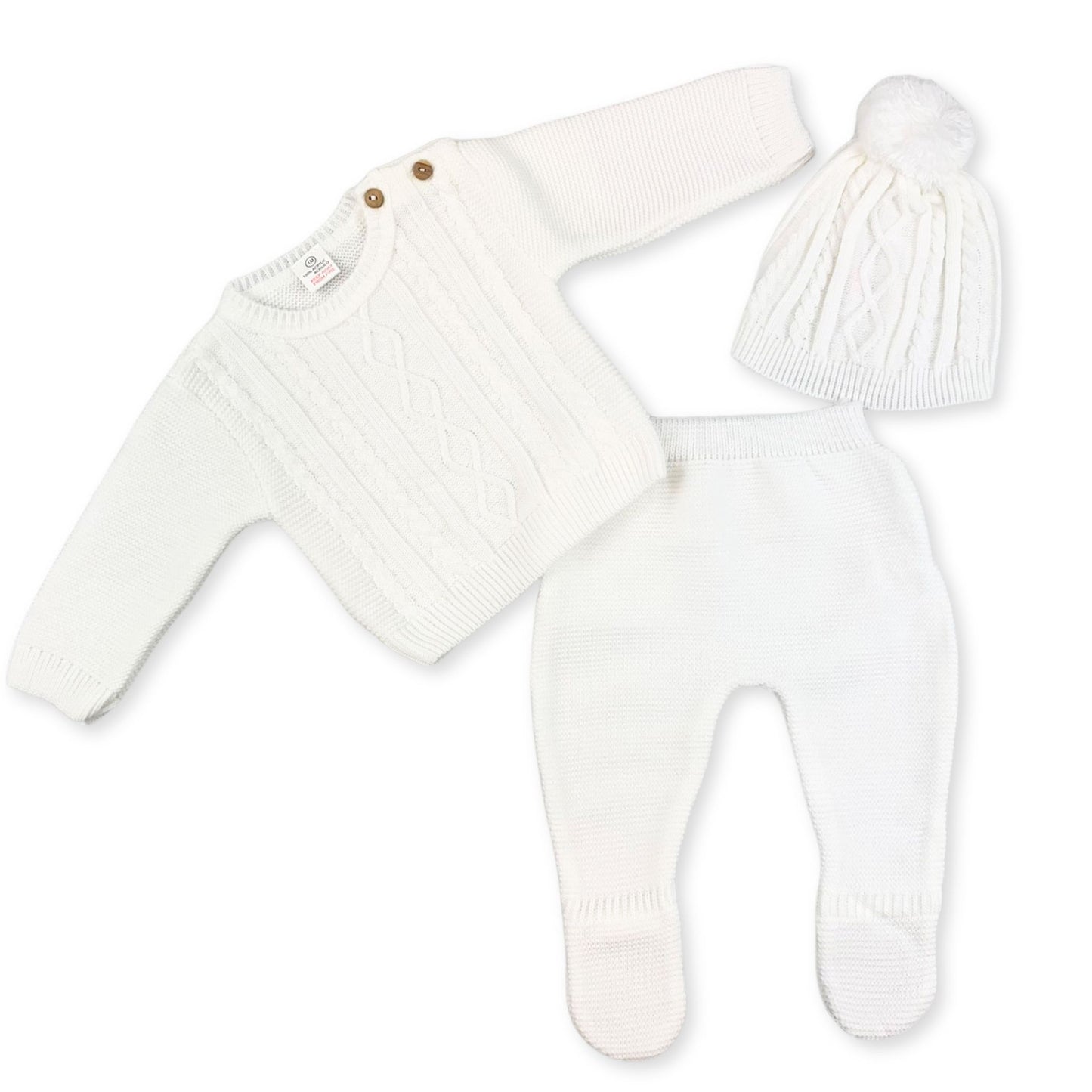 baby unisex knitted three piece outfit white