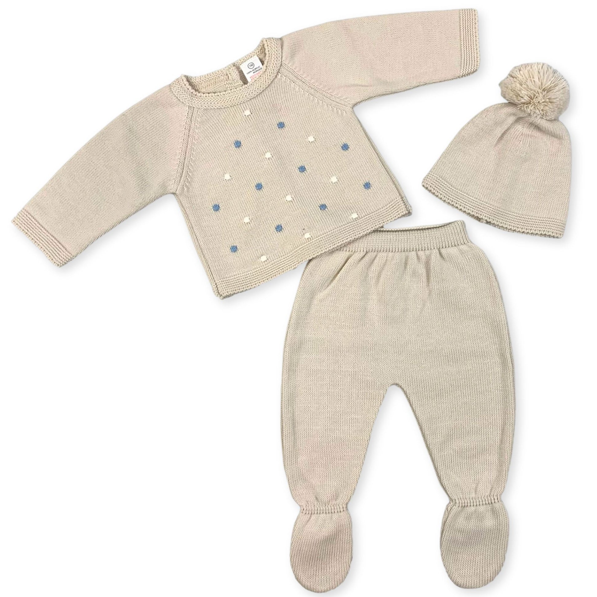 baby boys beige three piece knitted outfit