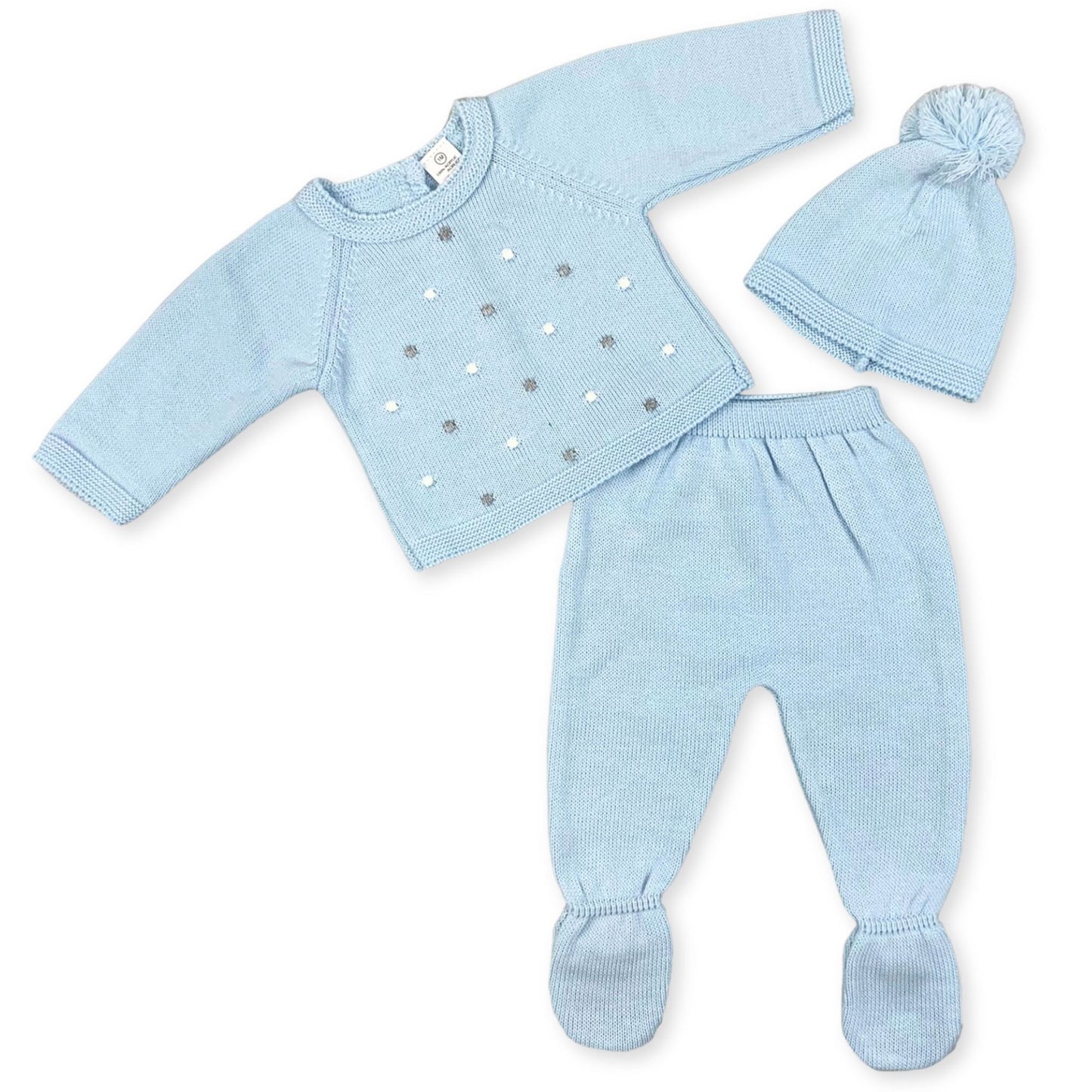 baby boys knitted 3 piece outfit blue with hat