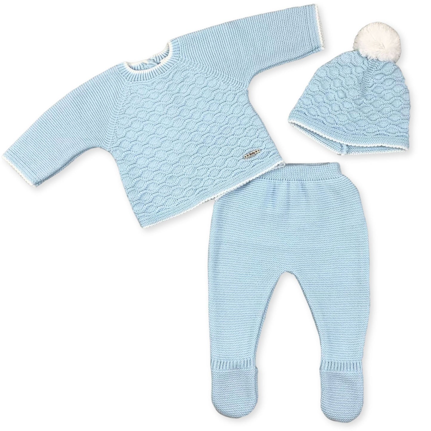 baby boys 3 piece nitted outfit in blue with hat