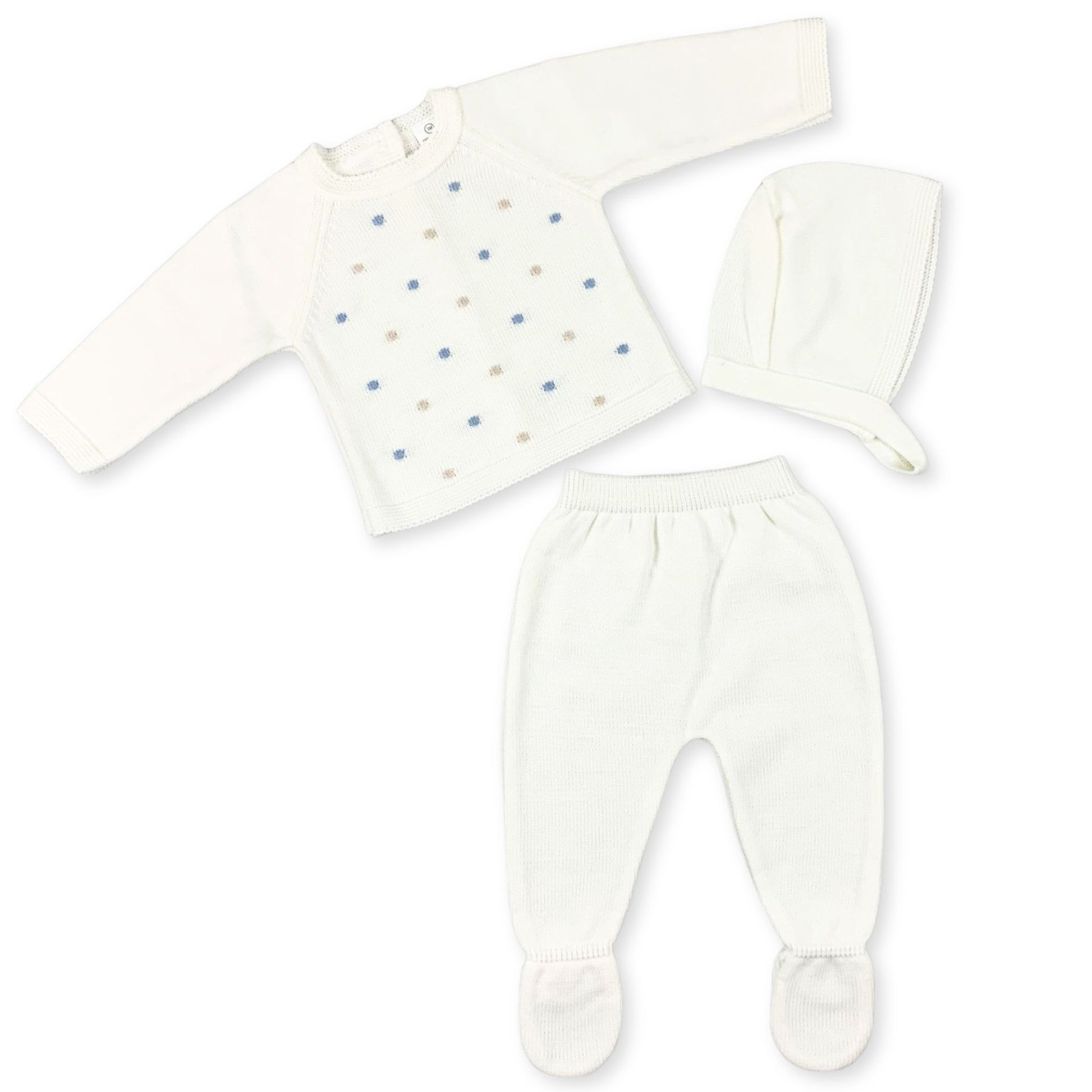 white baby 3 piece knitted outfit with traditional bonnet