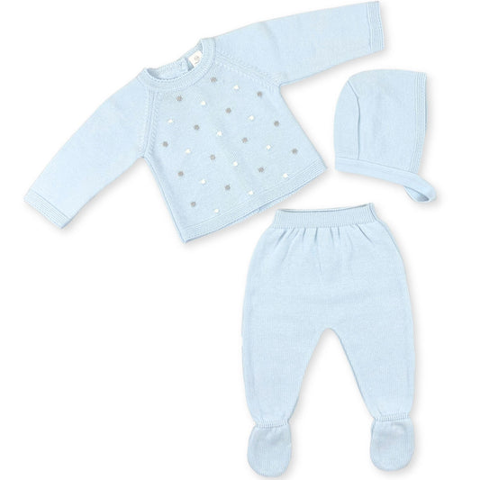 baby boys knitted 3 piece outfit with bonnet blue