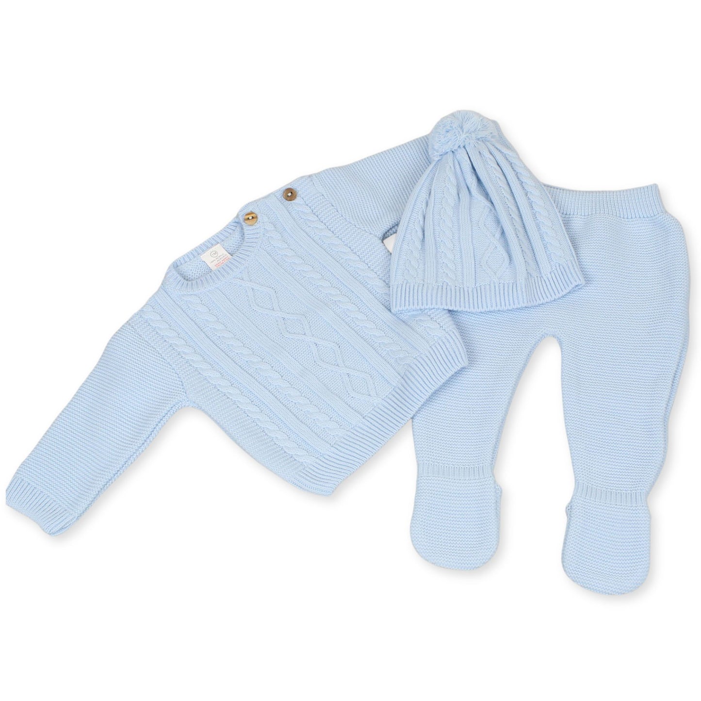 baby boys blue three piece outfit  knitted with hat