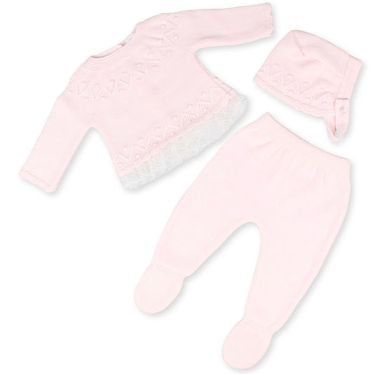 baby girls pink knitted 3 piece set with bonnet