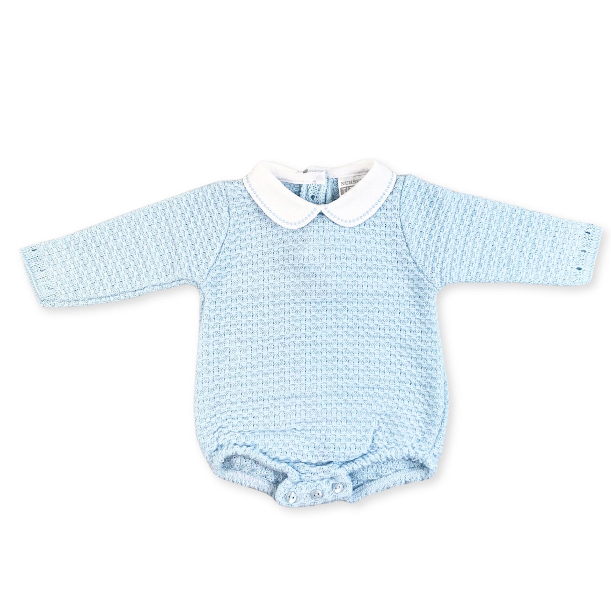 baby boys blue knitted romper with white peter pan collar