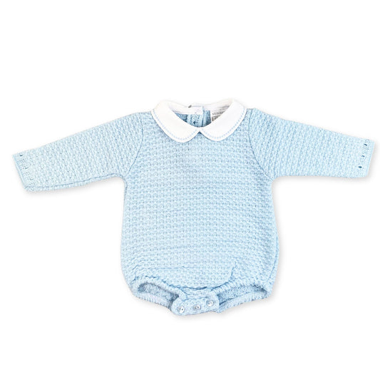 baby boys blue knitted romper with white peter pan collar