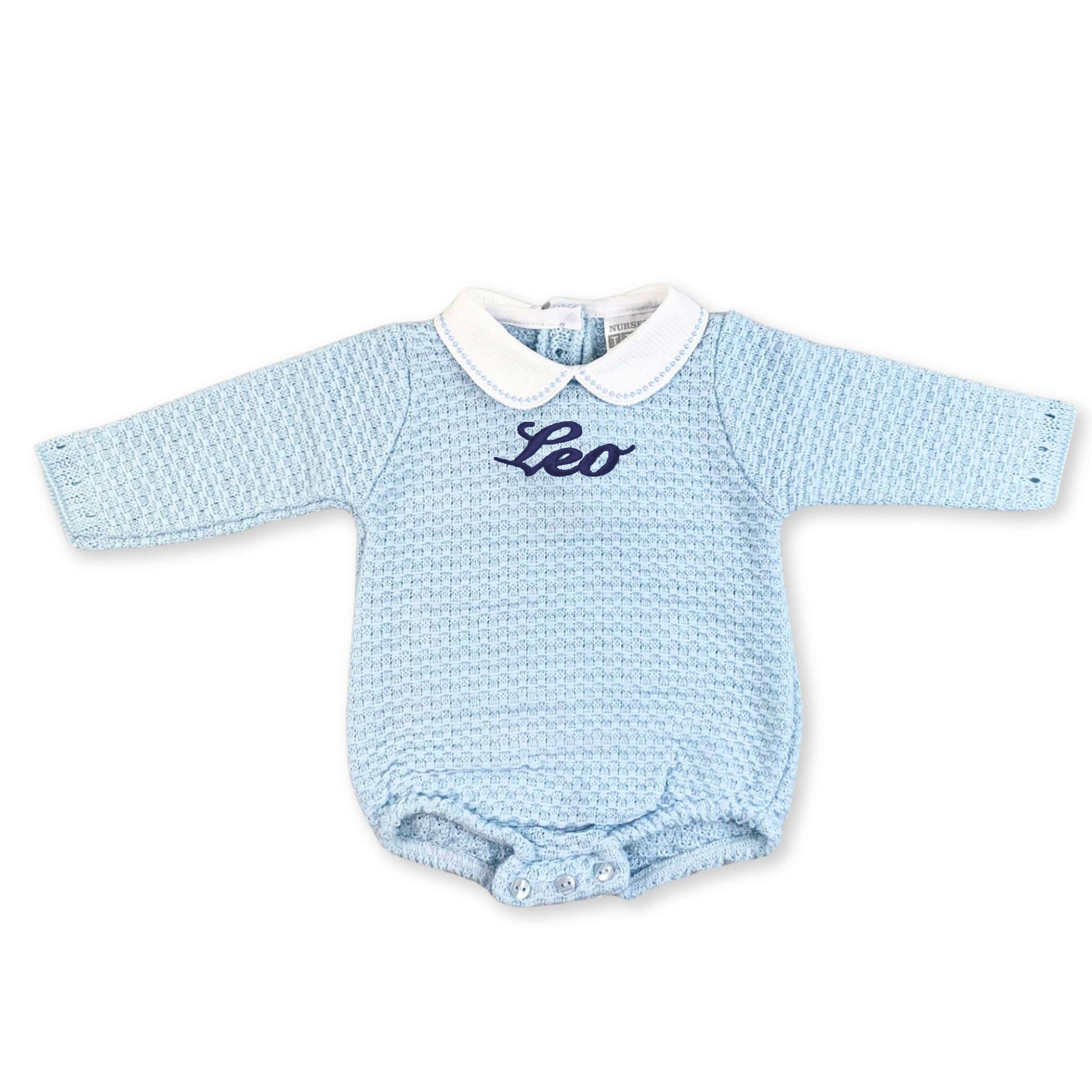 baby boys personlised romper knitted blue
