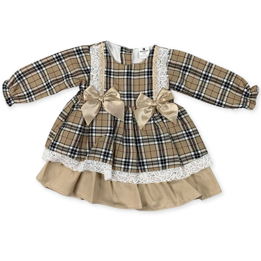 baby girl bege tartan dress with two gold bows