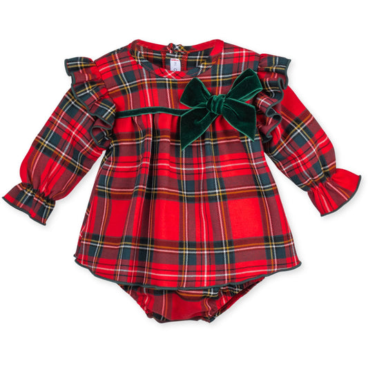 Baby Girls Traditional Red Tartan Dress with jam pants - Calamaro 22074