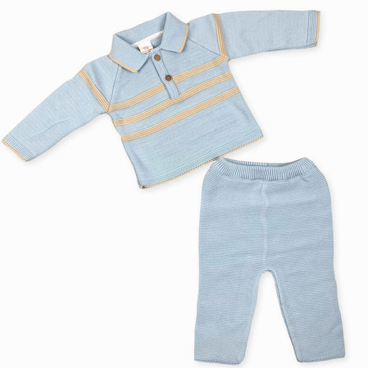 baby boys blue and beige knitted outfit