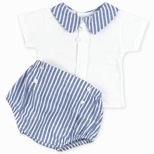 baby boys 2 piece summer outfit with striped jam pants and white shirt
