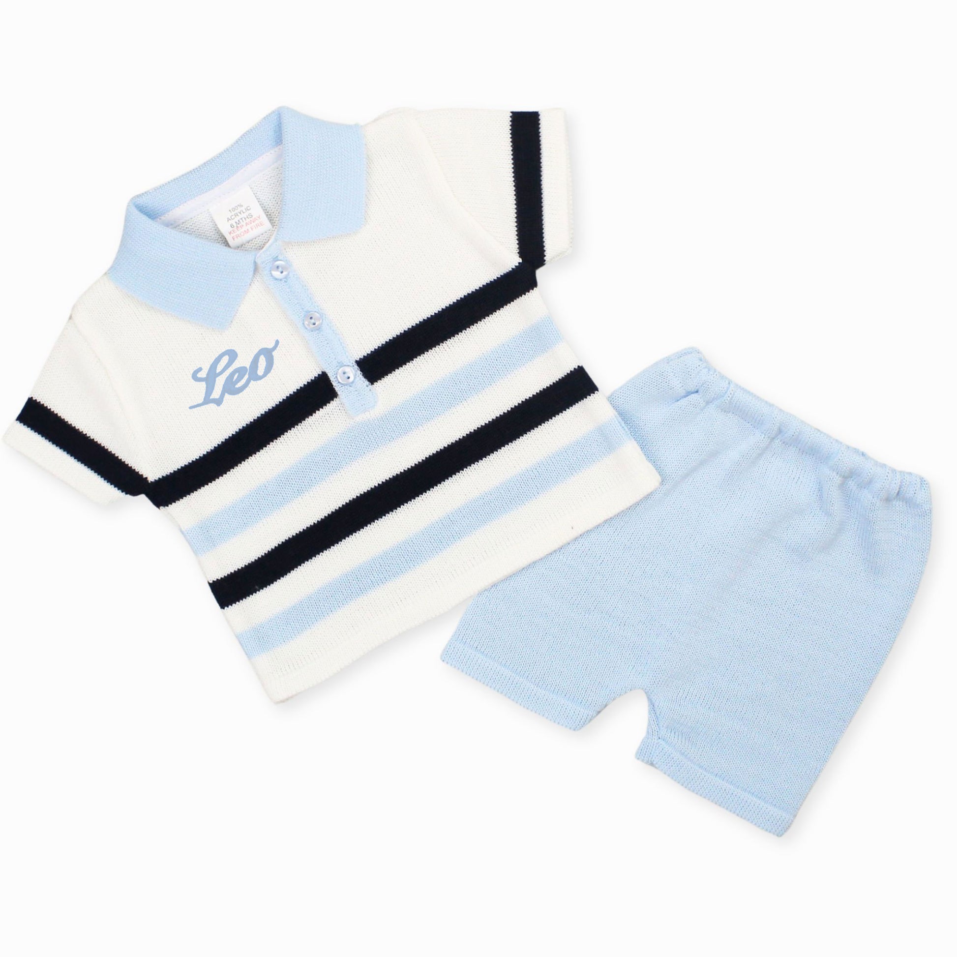 Personalised Baby Boys Knitted Polo Shirt and Shorts - Blue