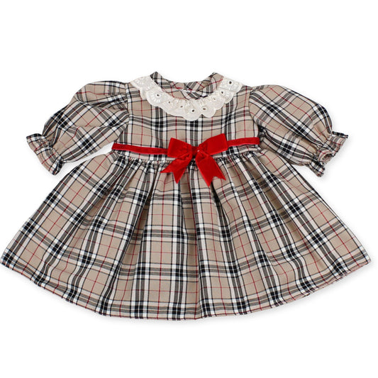 Baby Girls Beige Tartan Dress With Velvet Bow