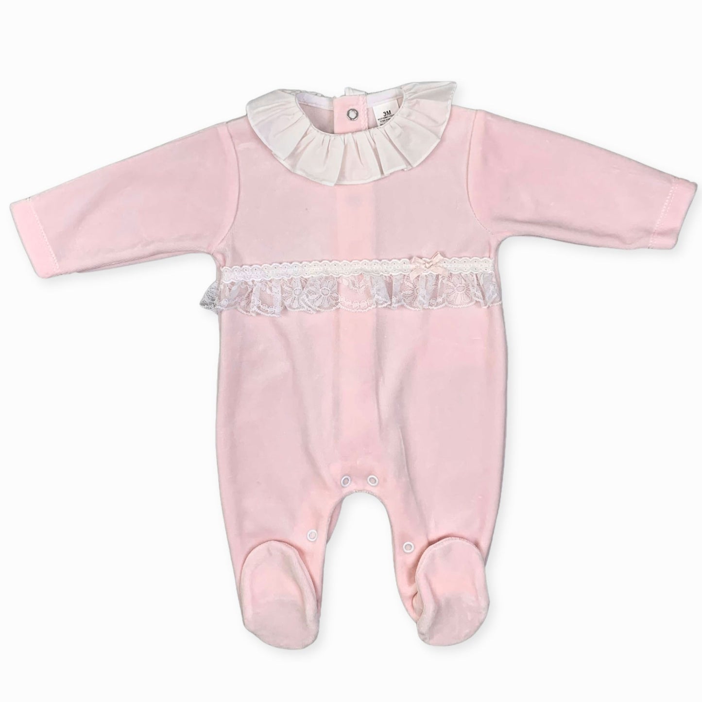 baby girls pink velour sleep suit lace white collar