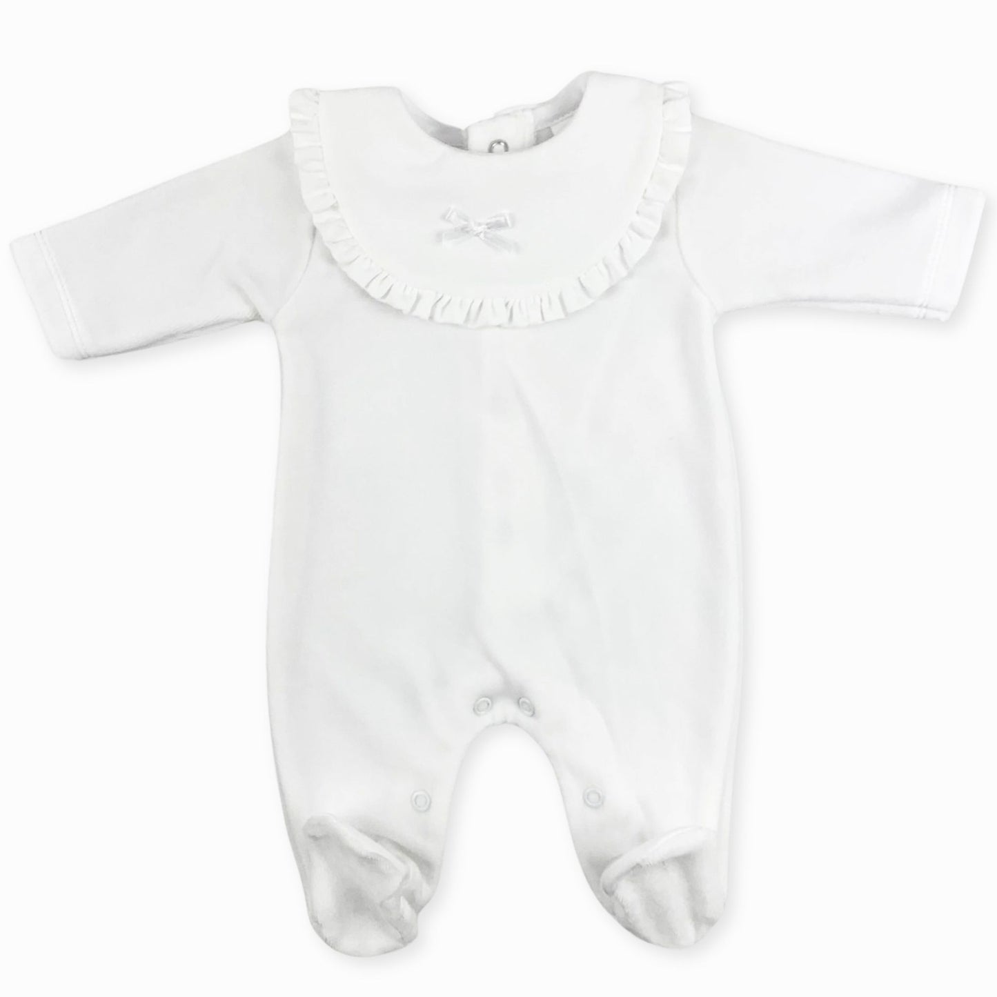white velour baby grow with bow