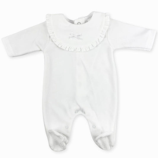 white velour baby grow with bow